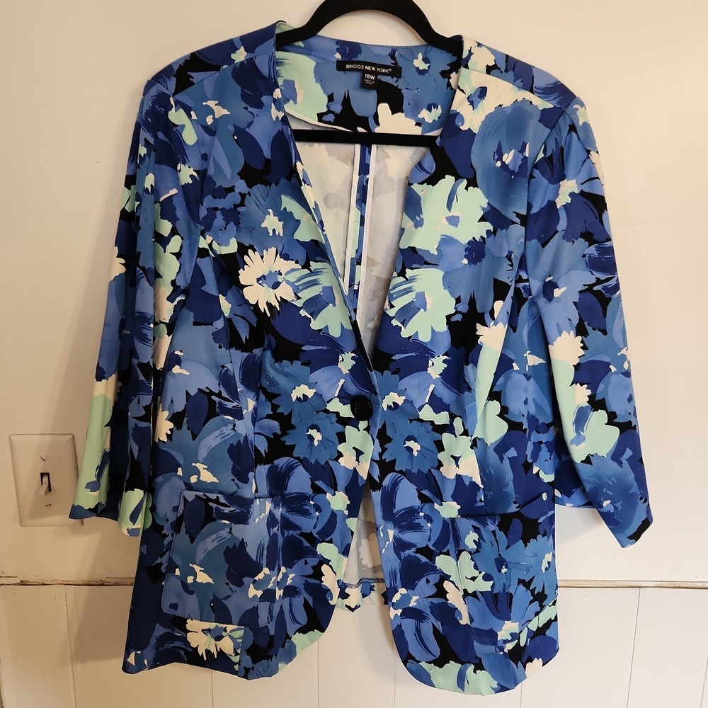 Briggs New York Floral Blazer Jacket Women's 18W Blue Cotton Blend Career Office